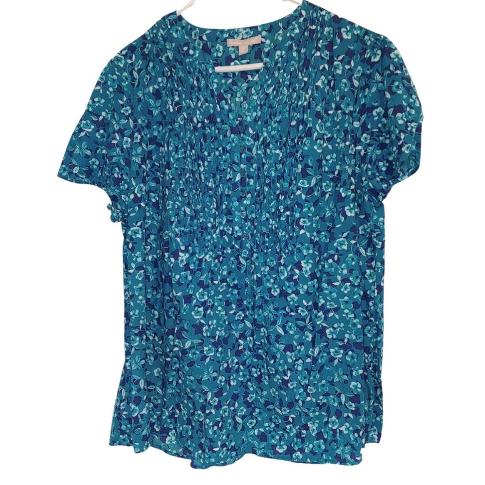 Woman Within Teal Floral Cottagecore Short Sleeve Shirt Size 1X